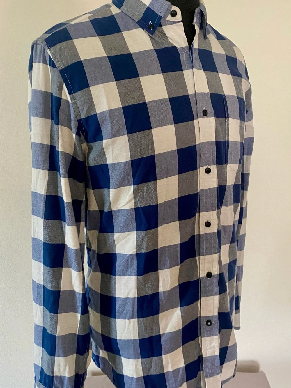 Banana Republic Luxe Flannel Buffalo Check Shirt Blue White Slim Fit L
